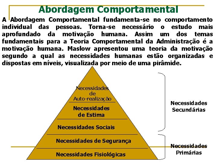 Abordagem Comportamental A Abordagem Comportamental fundamenta-se no comportamento individual das pessoas. Torna-se necessário o