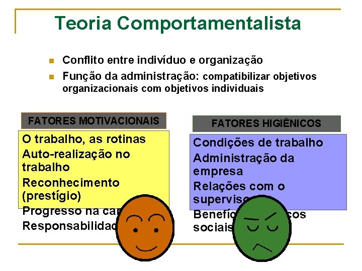 Teoria Comportamentalista n n Conflito entre indivíduo e organização Função da administração: compatibilizar objetivos