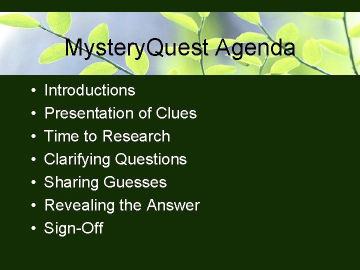 Mystery. Quest Agenda • • Introductions Presentation of Clues Time to Research Clarifying Questions