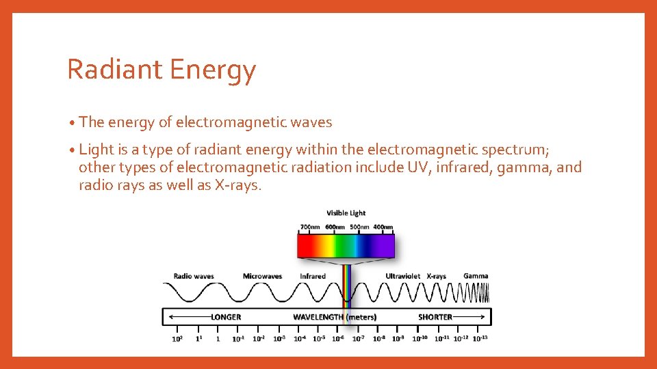 Radiant Energy • The energy of electromagnetic waves • Light is a type of