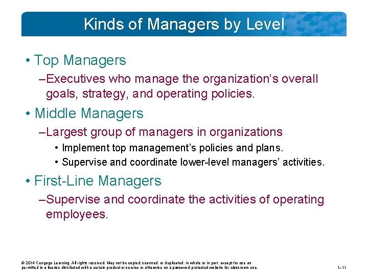 Kinds of Managers by Level • Top Managers – Executives who manage the organization’s