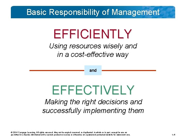 Basic Responsibility of Management EFFICIENTLY Using resources wisely and in a cost-effective way and