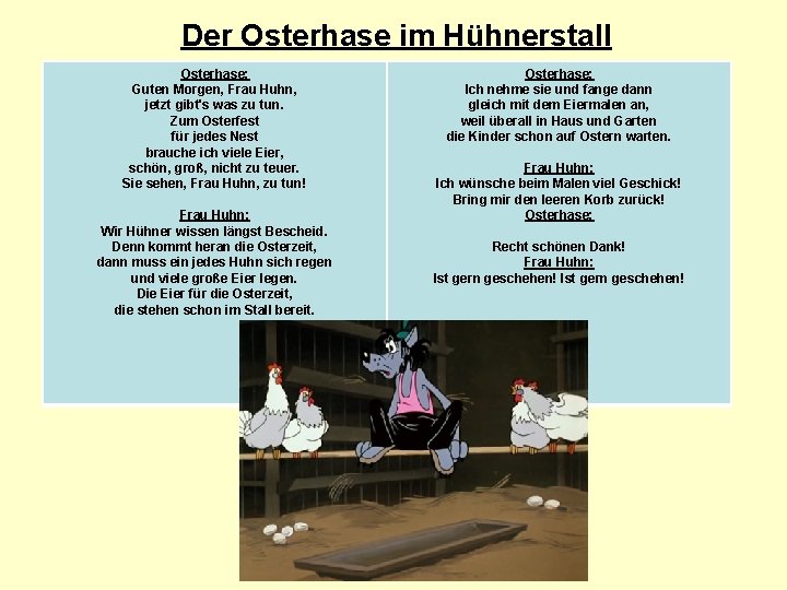 Der Osterhase im Hühnerstall Osterhase: Guten Morgen, Frau Huhn, jetzt gibt's was zu tun.
