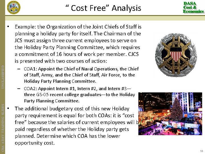 “ Cost Free” Analysis CBA 4 -DAY TRAINING SLIDES UNCLASSIFIED • Example: the Organization