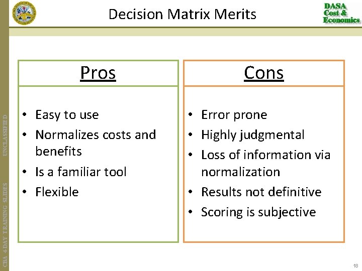 Decision Matrix Merits CBA 4 -DAY TRAINING SLIDES UNCLASSIFIED Pros • Easy to use