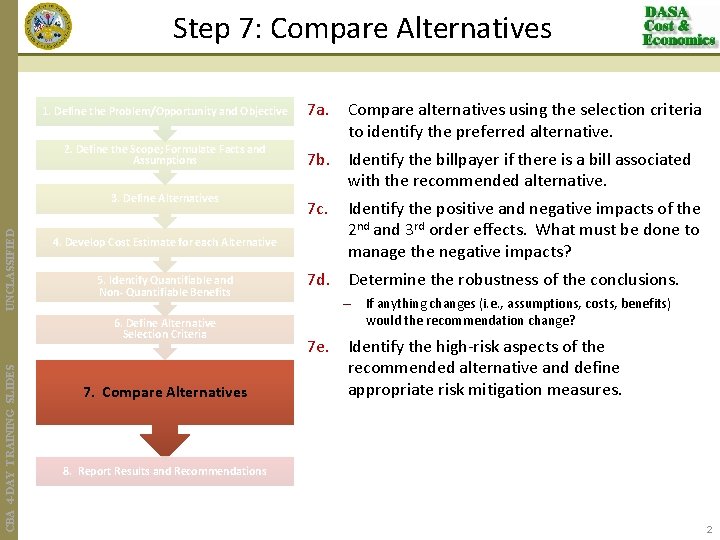 Step 7: Compare Alternatives 1. Define the Problem/Opportunity and Objective 2. Define the Scope;