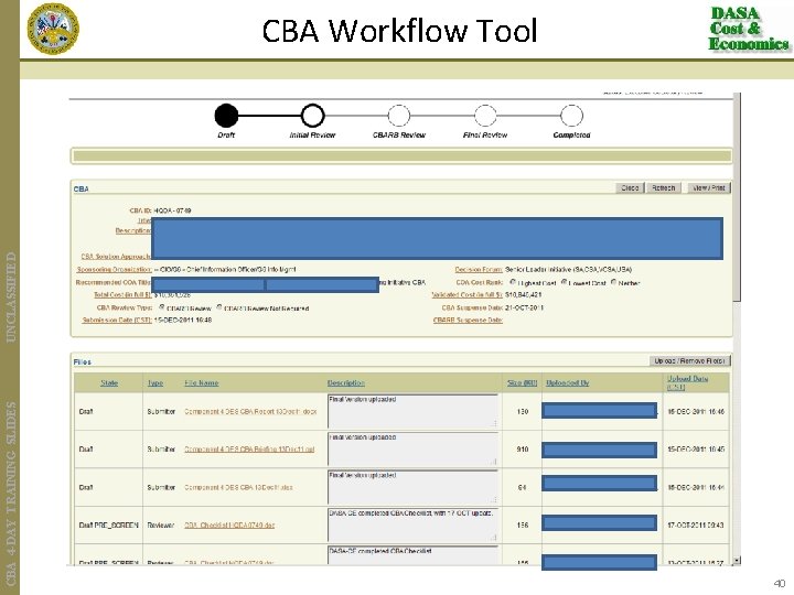 CBA 4 -DAY TRAINING SLIDES UNCLASSIFIED CBA Workflow Tool 40 