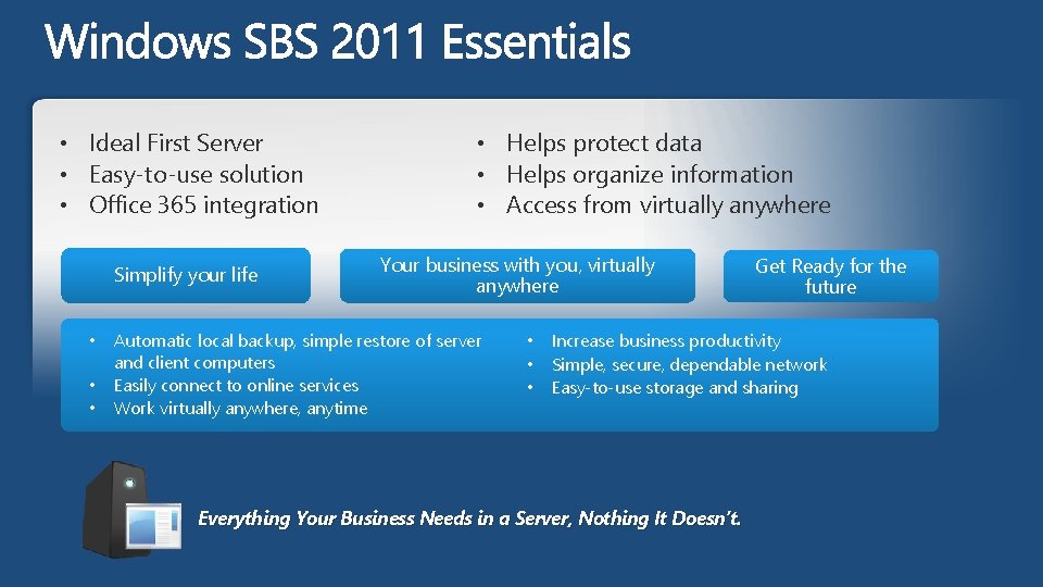  • Ideal First Server • Easy-to-use solution • Office 365 integration Simplify your