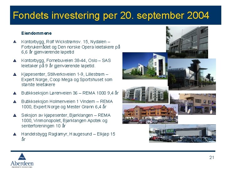 Fondets investering per 20. september 2004 Eiendommene Kontorbygg, Rolf Wickstrømsv. 15, Nydalen – Forbrukerrådet