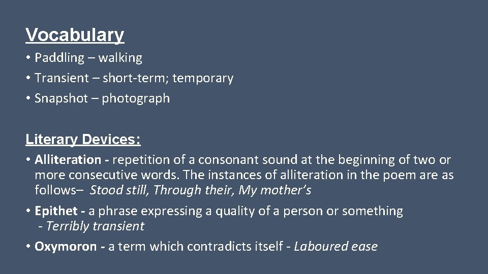 Vocabulary • Paddling – walking • Transient – short-term; temporary • Snapshot – photograph