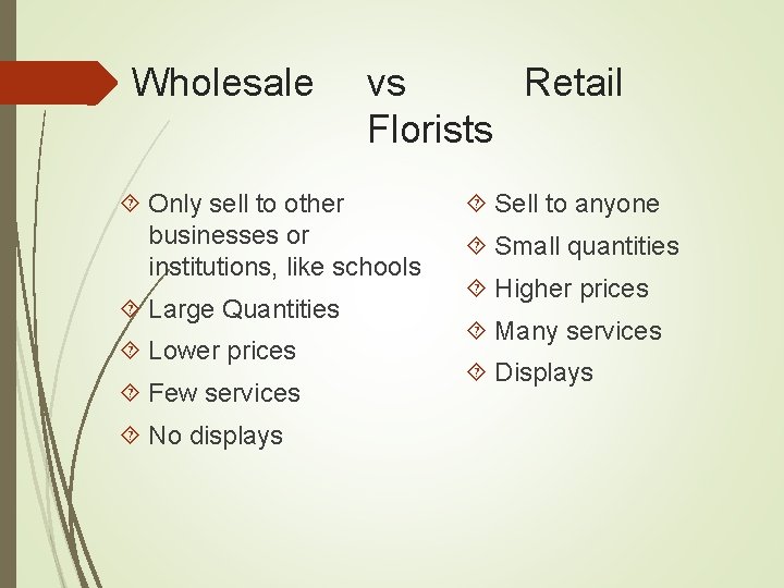 Wholesale vs Retail Florists Only sell to other businesses or institutions, like schools Large