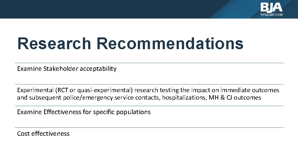 Research Recommendations Examine Stakeholder acceptability Experimental (RCT or quasi‐experimental) research testing the impact on