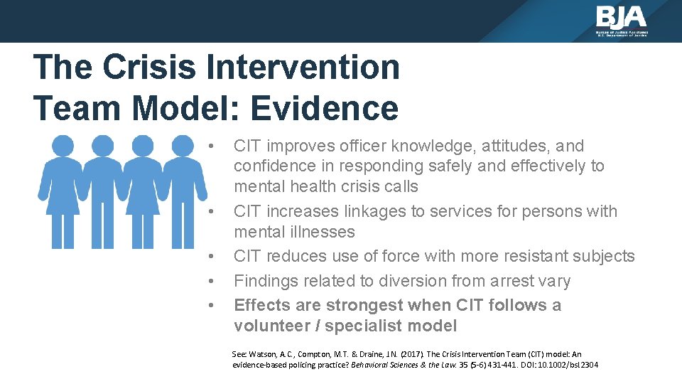 The Crisis Intervention Team Model: Evidence • • • CIT improves officer knowledge, attitudes,