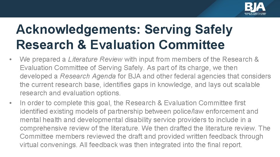 Acknowledgements: Serving Safely Research & Evaluation Committee • • We prepared a Literature Review