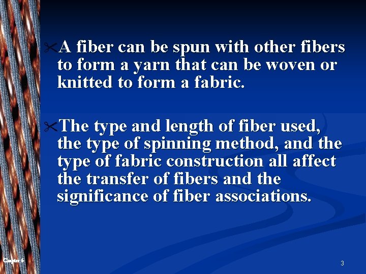"A fiber can be spun with other fibers to form a yarn that can