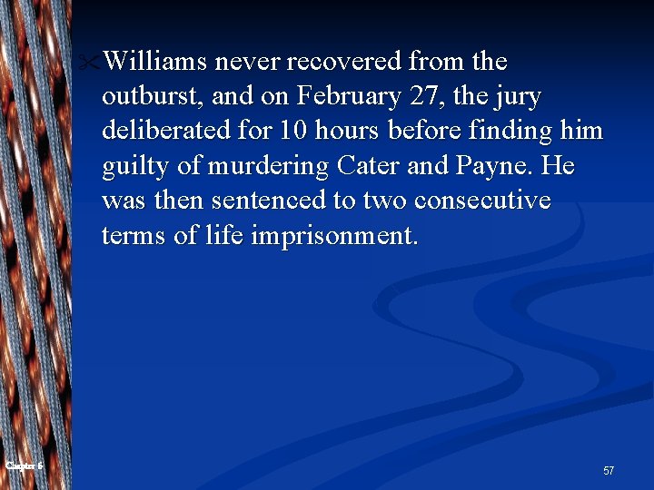 " Williams never recovered from the outburst, and on February 27, the jury deliberated