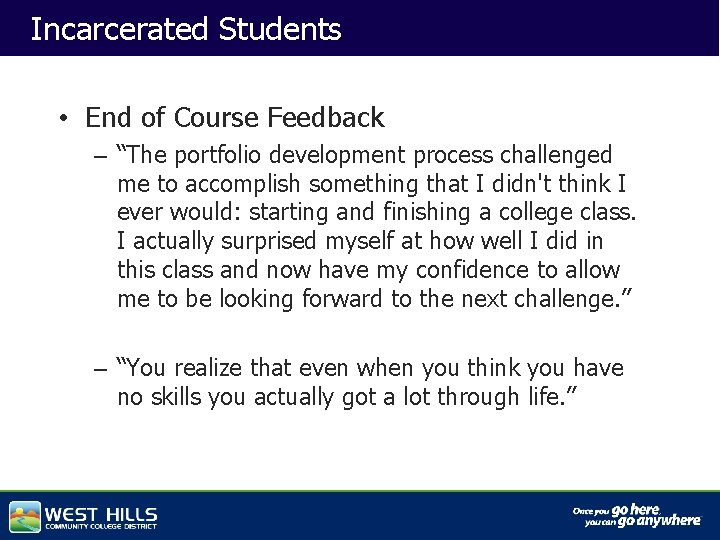 Incarcerated Students • End of Course Feedback – “The portfolio development process challenged Capital