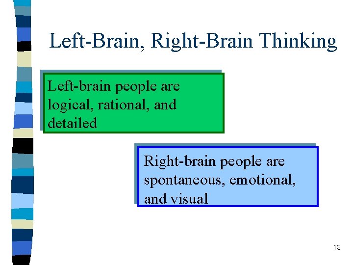 Left-Brain, Right-Brain Thinking Left-brain people are logical, rational, and detailed Right-brain people are spontaneous,