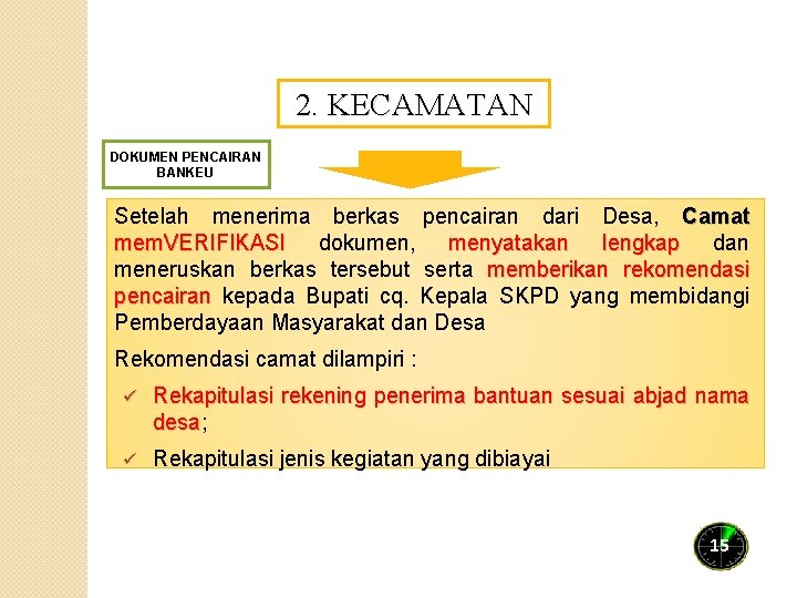 2. KECAMATAN DOKUMEN PENCAIRAN BANKEU Setelah menerima berkas pencairan dari Desa, Camat mem. VERIFIKASI