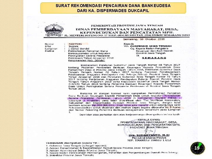 SURAT REKOMENDASI PENCAIRAN DANA BANKEUDESA DARI KA. DISPERMADES DUKCAPIL 19 