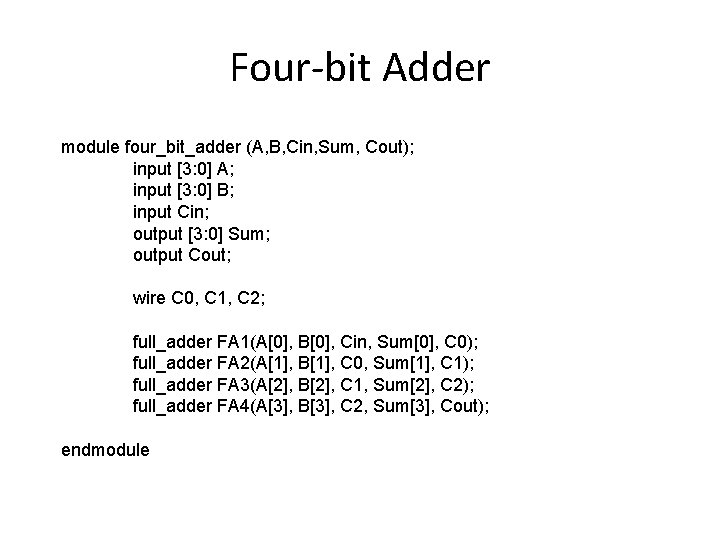 Four-bit Adder module four_bit_adder (A, B, Cin, Sum, Cout); input [3: 0] A; input