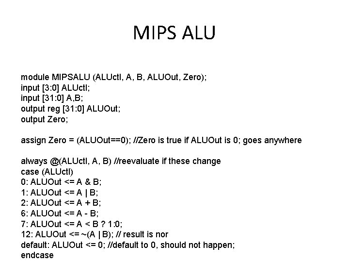 MIPS ALU module MIPSALU (ALUctl, A, B, ALUOut, Zero); input [3: 0] ALUctl; input