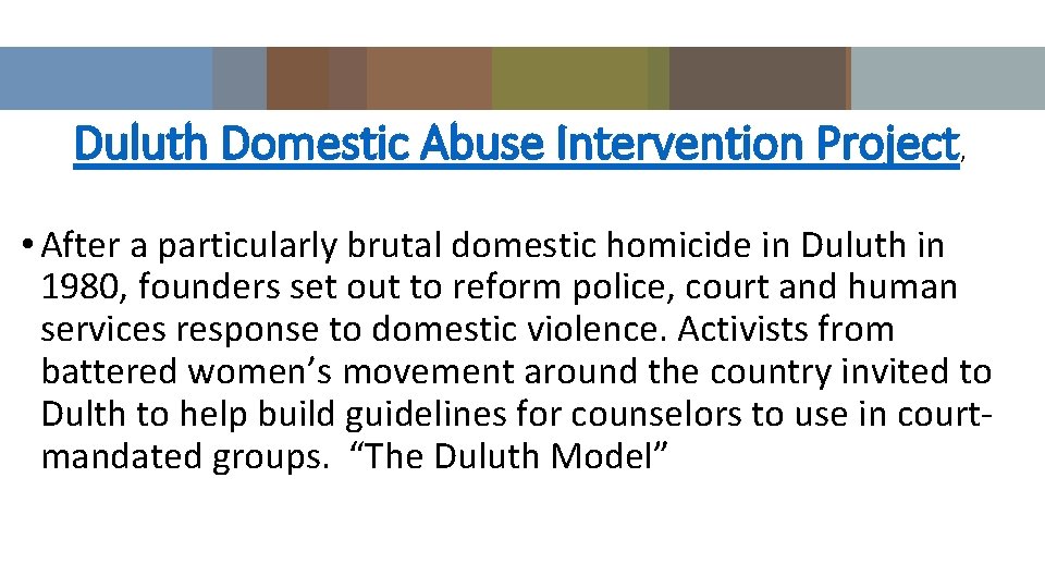 Duluth Domestic Abuse Intervention Project, • After a particularly brutal domestic homicide in Duluth