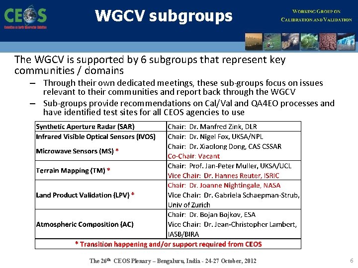 WGCV subgroups The WGCV is supported by 6 subgroups that represent key communities /