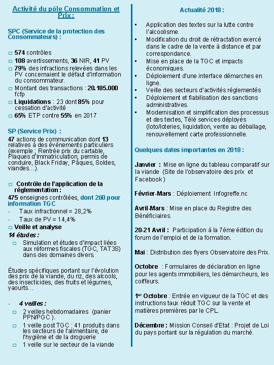 Activité du pôle Consommation et Prix : SPC (Service de la protection des Consommateurs)