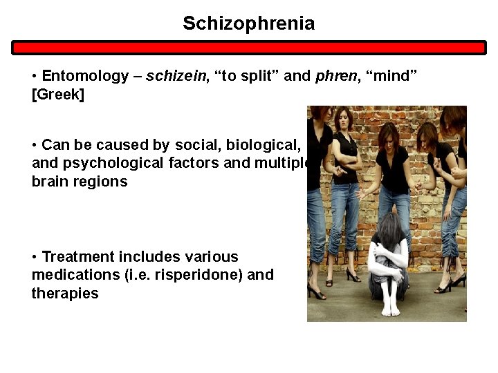 Schizophrenia • Entomology – schizein, “to split” and phren, “mind” [Greek] • Can be