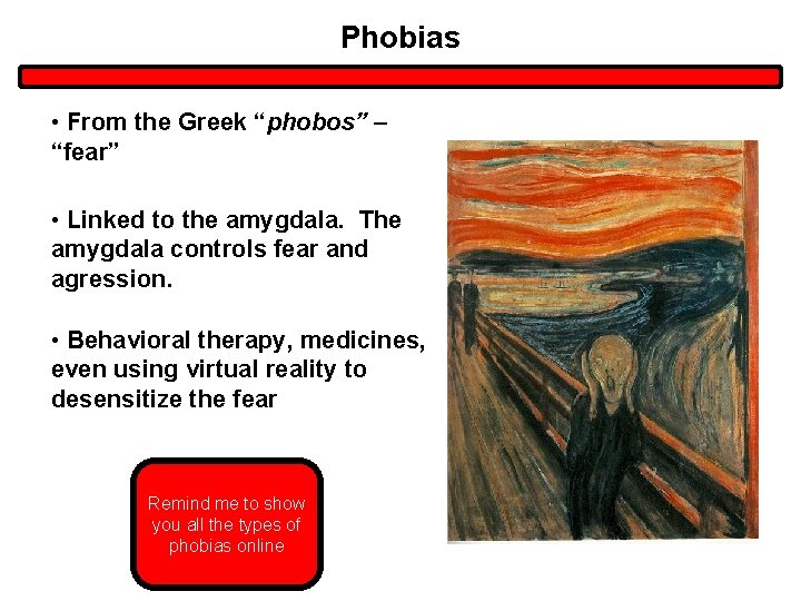 Phobias • From the Greek “phobos” – “fear” • Linked to the amygdala. The Phobias • From the Greek “phobos” – “fear” • Linked to the amygdala. The