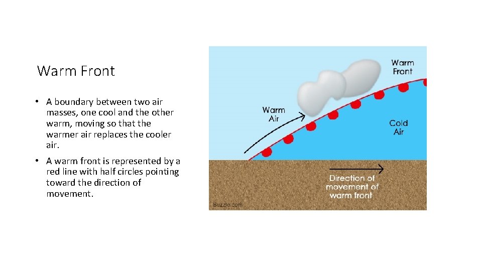 Warm Front • A boundary between two air masses, one cool and the other