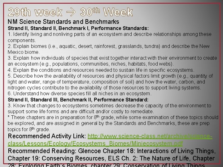 29 th week 30 th Week NM Science Standards and Benchmarks Strand II, Standard