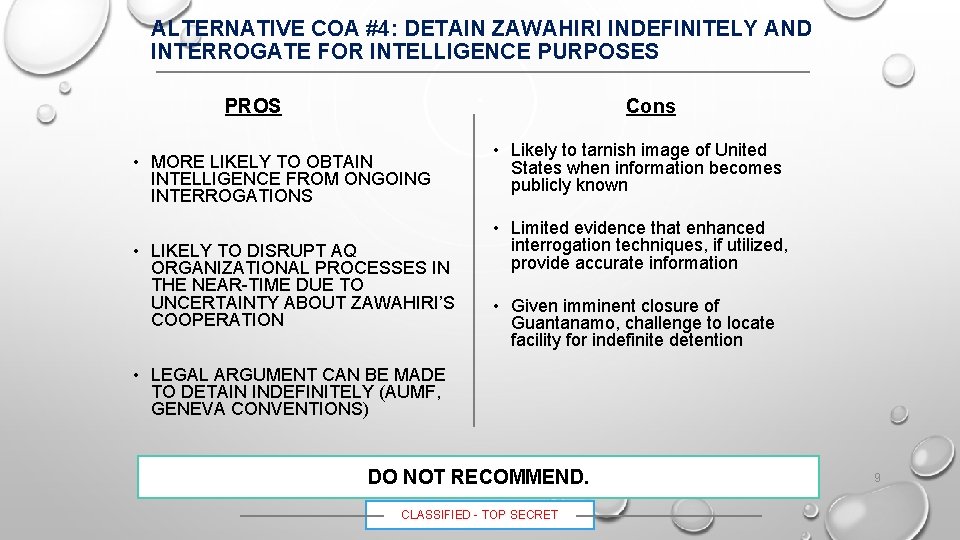 ALTERNATIVE COA #4: DETAIN ZAWAHIRI INDEFINITELY AND INTERROGATE FOR INTELLIGENCE PURPOSES PROS Cons •