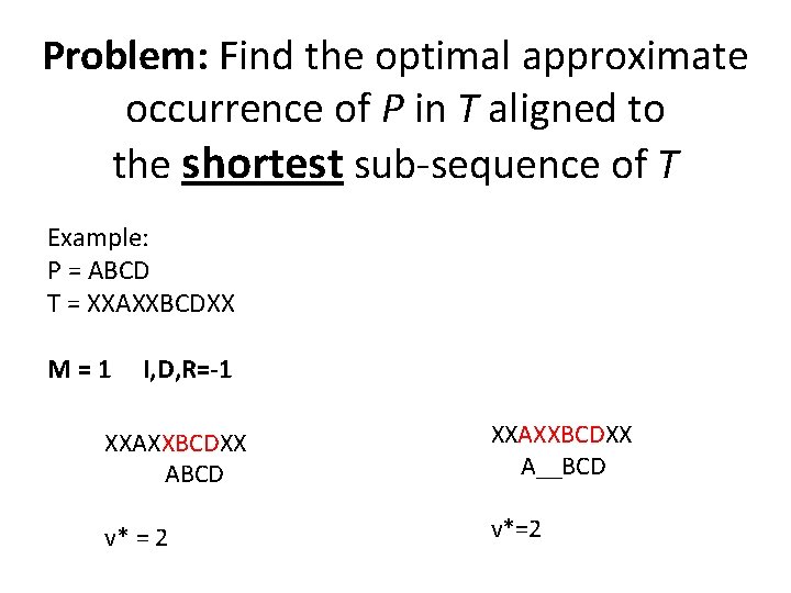 Problem: Find the optimal approximate occurrence of P in T aligned to the shortest Problem: Find the optimal approximate occurrence of P in T aligned to the shortest