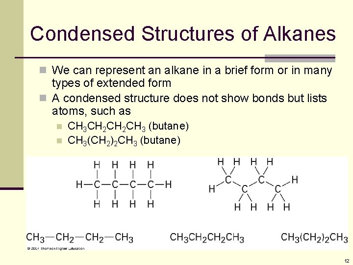 Condensed Structures of Alkanes n We can represent an alkane in a brief form