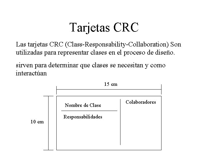 Tarjetas CRC Las tarjetas CRC (Class-Responsability-Collaboration) Son utilizadas para representar clases en el proceso