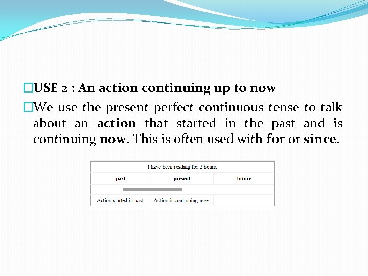 �USE 2 : An action continuing up to now �We use the present perfect