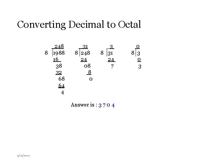 Converting Decimal to Octal 248 8 1988 16 38 32 68 64 4 31