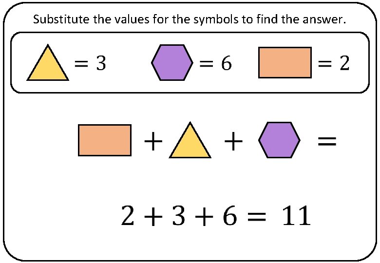 Substitute the values for the symbols to find the answer. 