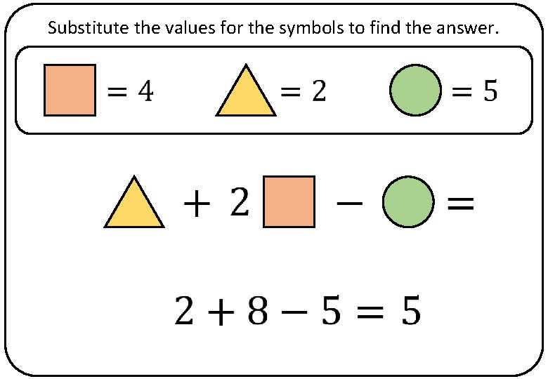 Substitute the values for the symbols to find the answer. 
