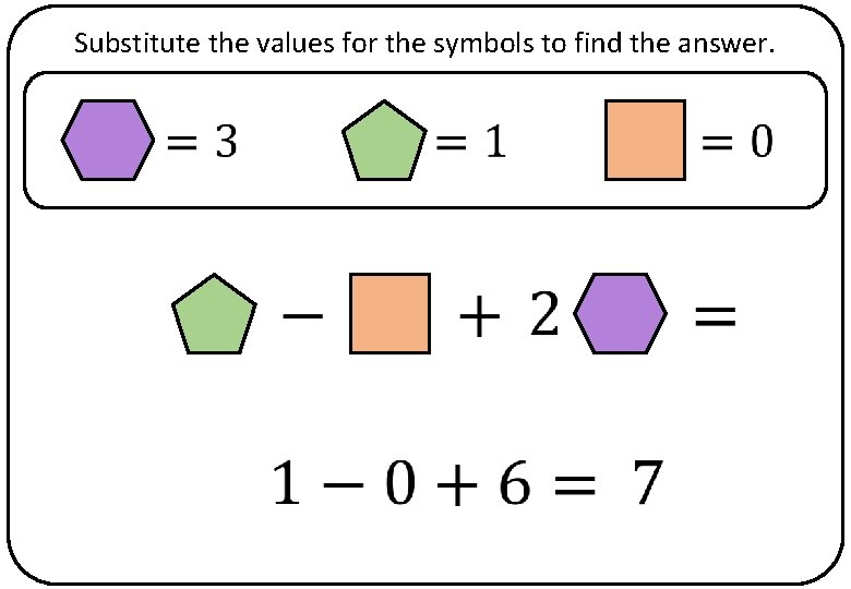 Substitute the values for the symbols to find the answer. 