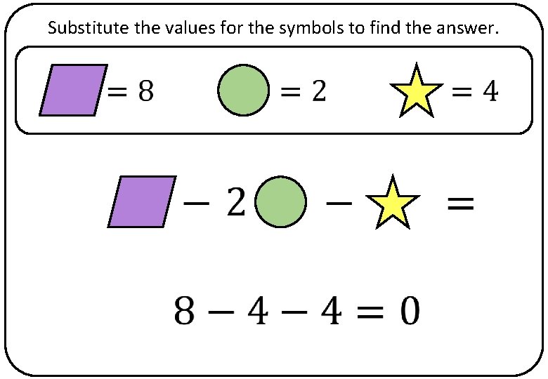 Substitute the values for the symbols to find the answer. 