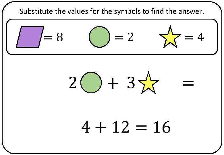 Substitute the values for the symbols to find the answer. 