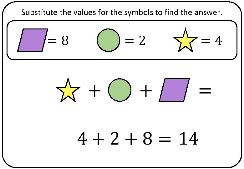 Substitute the values for the symbols to find the answer. 
