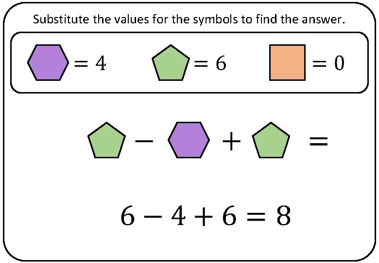 Substitute the values for the symbols to find the answer. 