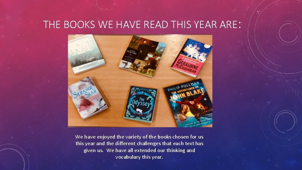 THE BOOKS WE HAVE READ THIS YEAR ARE: We have enjoyed the variety of