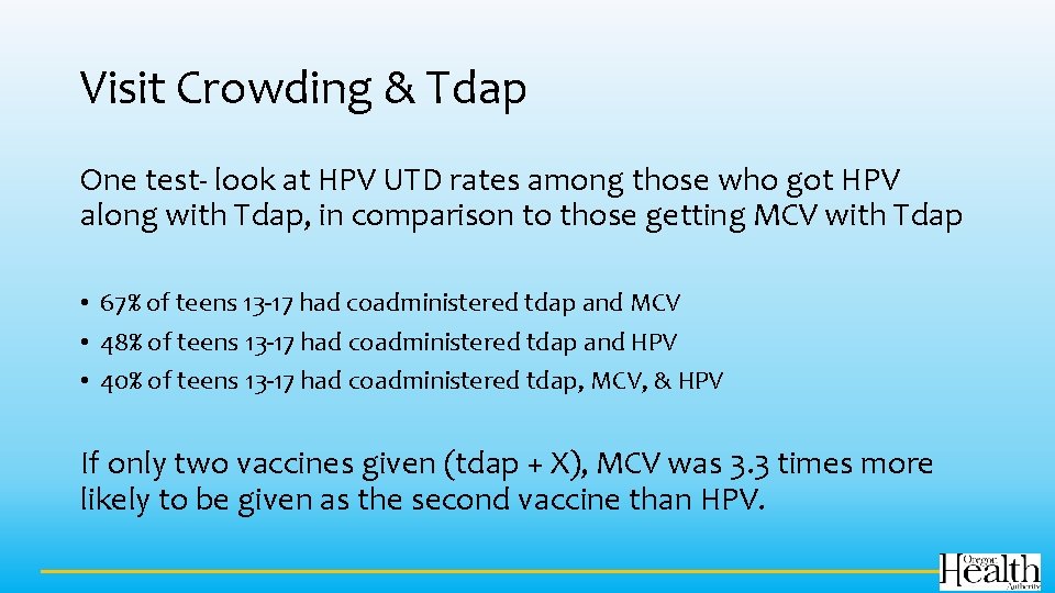 Visit Crowding & Tdap One test- look at HPV UTD rates among those who