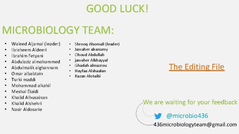 GOOD LUCK! MICROBIOLOGY TEAM: • • • Waleed Aljamal (leader) Ibraheem Aldeeri Ibrahim Fetyani
