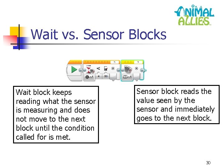 Wait vs. Sensor Blocks Wait block keeps reading what the sensor is measuring and